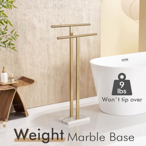 KOKOSIRI Standing Towel Rack for Bathroom Floor 2-Tier Towel Holder Free Stand with Heavy Marble Base Thicken Steady Champagne Bronze Stainless Steel THS0005-CPG - color: Champagne Bronze