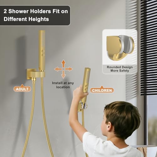 Rain Shower System 12" & 6" Dual Shower Heads, Wall Mount Shower Faucet Set | Ideal for bathroom remodels and upgrades with 12" rain shower, 6" angled shower, handheld spray and complete valve kit. - color: Brushed Gold, size: Wall Mounted - 12"+6" Shower