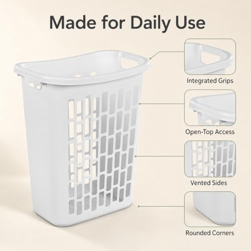 Slim Rectangular Laundry Hamper, Ventilated Plastic Clothes Basket, 1 Pack | 1.8 Bushel Open Laundry Basket with Sturdy Handles, Odor-Reducing Airflow Design for Closet, Dorm, and Bathroom Corners - size: 1.8 Bushel