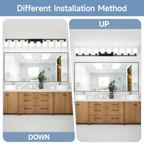 10-Light Bathroom Vanity Light,Modern Matte Black Bathroom Light Fixtures with Square Frosted Glass,64.5in Wall Sconces Over Mirror Restroom,Living Room Hallway E26 - color: Black, size: 10-Light