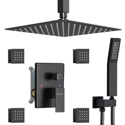 Matte Black Shower System with 4 PCS Shower Body Spray Jets & 12’’ Ceiling Shower Head & Handheld Spray, DASAN Full Body Shower Faucet System with Jets Rainfall Shower Combo Set, SA-SS03BMB-S12C - color: Matte Black