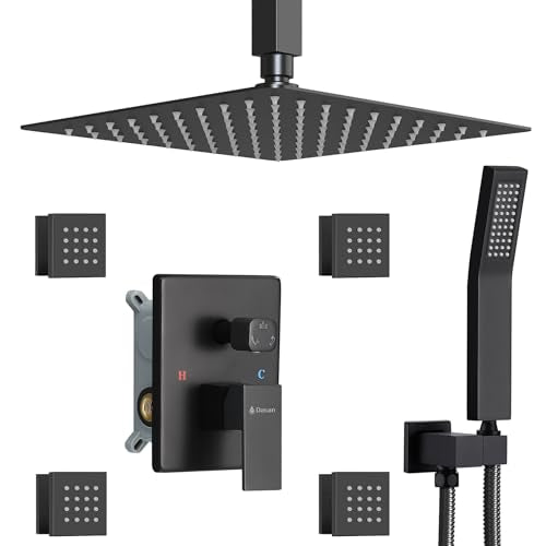 Matte Black Shower System with 4 PCS Shower Body Spray Jets & 12’’ Ceiling Shower Head & Handheld Spray, DASAN Full Body Shower Faucet System with Jets Rainfall Shower Combo Set, SA-SS03BMB-S12C - color: Matte Black