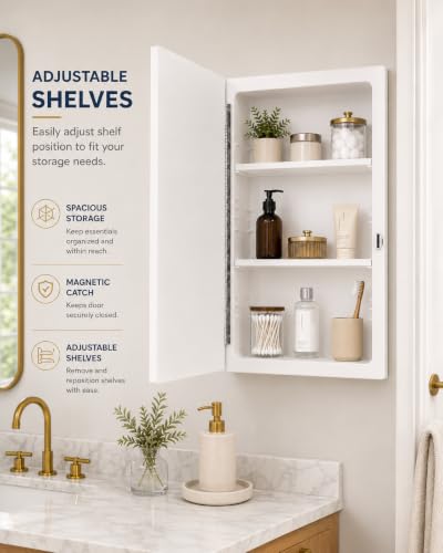 16” x 22” White Recessed Medicine Cabinet | Bathroom Storage Cabinet with Adjustable Shelves, Rust-Proof Design with Wooden Door | Modern Beveled Edge Wall Mounted Medicine Cabinets - color: White