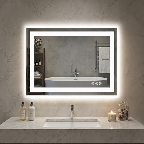 NEWBULIG Smart Anti-Fog LED Bathroom Mirror with Front Light & Backlit, 3 Color Modes, Dimmable, Memory Function, Wall-Mounted Modern Rectangular Vanity Mirror, White, 28"x36" - color: Led-white Rect, size: 28.1"L x 36"W