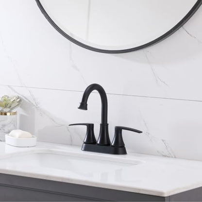 Lead-Free Matte Black Bathroom Sink Faucet, 2 Handle 4 Inch Centerset Faucet, Modern 360° Swivel High-Arc Spout Bath Lavatory Vanity Faucets for Sinks with Drain & Water Hoses, VALZST049B - color: Matte Black