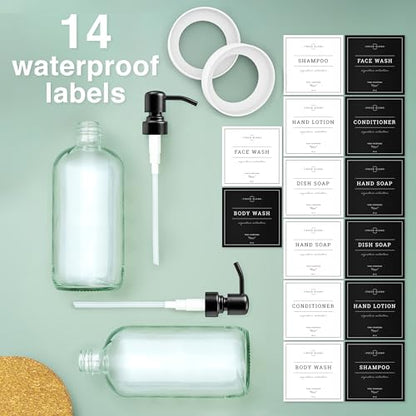 Vine Creations Clear Glass Soap Dispenser, 2 Pack Kitchen Soap Dispenser Set with Stainless Steel Pump, 16 oz Dish Soap and Hand Soap Dispensers for Bathroom with Waterproof Labels - color: Clear Bottle / Matte Black Pump