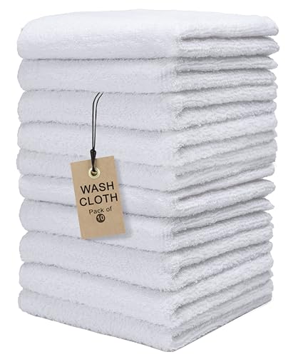 Textila Terry Wash Cloths – Pack of 10, White, 12x12 Inches – Soft, Absorbent & Multipurpose Cotton Washcloths for Face, Hand, Bath, Kitchen, Spa, Gym & Hotel Use - color: White