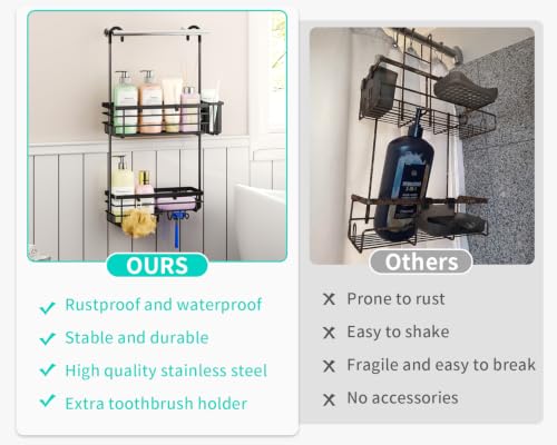 HapiRm Hanging Shower Caddy – For Renters & Small Bathrooms, Fits Shower Curtain Rods, No Drilling, 2 Rustproof 304 Shelves, 4 Hooks, and a Detachable Toothbrush Holder You Can Rinse - Black - color: Black