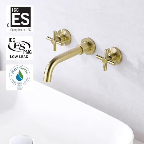 SUMERAIN Brushed Gold Wall Mount Bathroom Faucet | Two Cross Handles, Rough-in Valve Included, Swivel Spout - color: Brushed Gold
