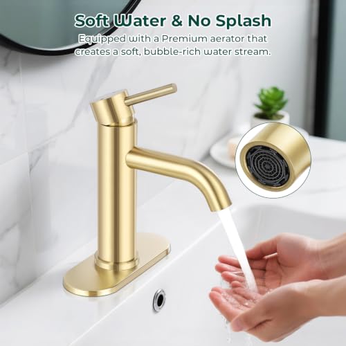 Bathroom Faucet, Single Handle Vanity Sink Faucet, Brushed Gold | Brushed Gold, for 1/3-Hole, Stainless Steel, Ceramic Cartridge, Pop-Up Drain, Deck Plate, For Vanity Powder Laundry - color: Brushed Gold