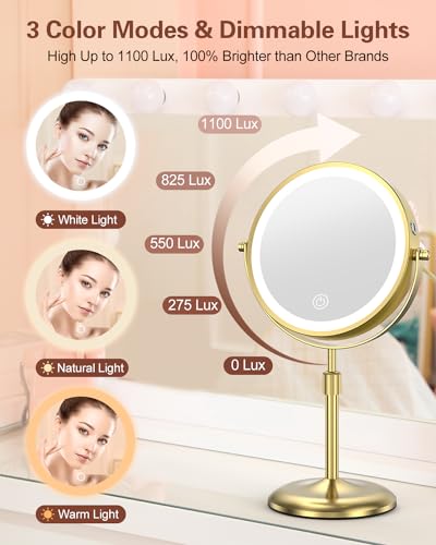 7" Lighted Makeup Mirror with 3 Color Lights & 10X Magnification, Adjustable Brightness & Height, 360° Swivel Rechargeable 10X LED Magnifying Vanity Mirror with Light, Gold - color: Gold