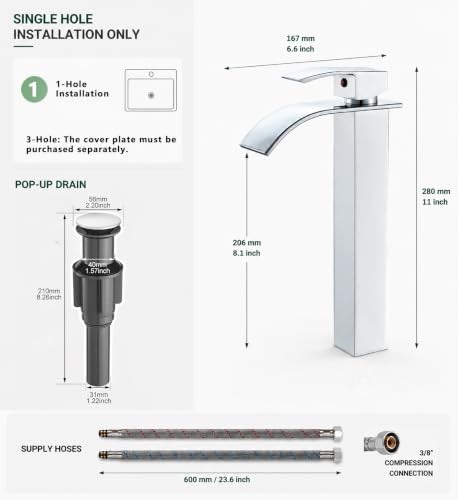 VOTON Vessel Sink Faucet Chrome Modern Tall Waterfall Bathroom Sink Faucet with Pop-Up Drain Single Handle Bathroom Faucet 1 Hole Bowl Lavatory Vanity Faucet, Rv Sink Camper Farmhouse Bathroom Faucet - color: Chrome, size: Tall