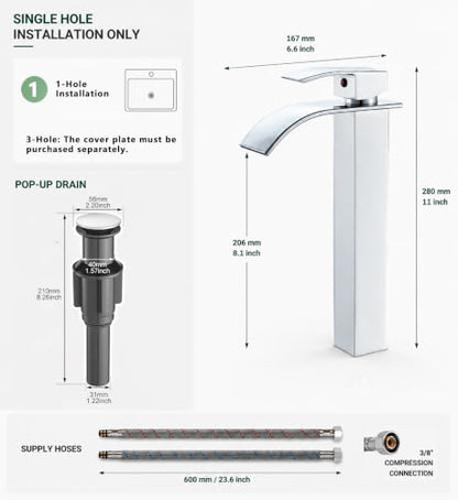 VOTON Vessel Sink Faucet Chrome Modern Tall Waterfall Bathroom Sink Faucet with Pop-Up Drain Single Handle Bathroom Faucet 1 Hole Bowl Lavatory Vanity Faucet, Rv Sink Camper Farmhouse Bathroom Faucet - color: Chrome, size: Tall