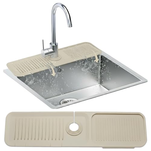 Silicone Faucet Mat for Kitchen Sink 17.7 Inch | 5° Slope Fast Self-Draining Sink Splash Guard | Multipurpose Faucet Mat Foldable Durable No Smell | Cut-to-Fit Opening Up to 2.6in | Biege - color: Biege, size: 17.7" X 5.5"