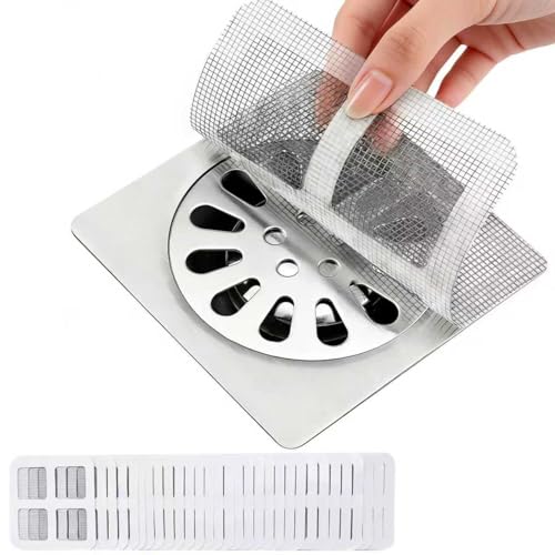 Shower Drain Hair Catcher 30 Pack for Disposable Drain Covers | 4 inch white mesh, bathroom sink strainer, bathtub water filter, waterproof adhesive backing, kitchen laundry plug hole