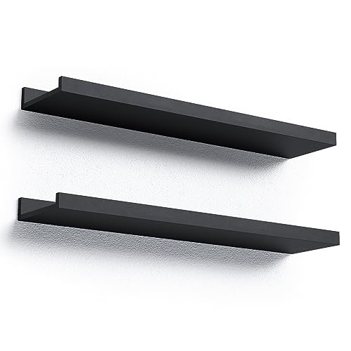 Boswillon Floating Shelves Set of 2, Long Wall Shelf with Lip, 24in, Black | Display Ledge Shelf for Room Wall, Wall Decor Shelves for Bathroom, Living Room, Bedroom, Kitchen, Nursery Room, Modern, Wood - color: Black, size: 23.6 in