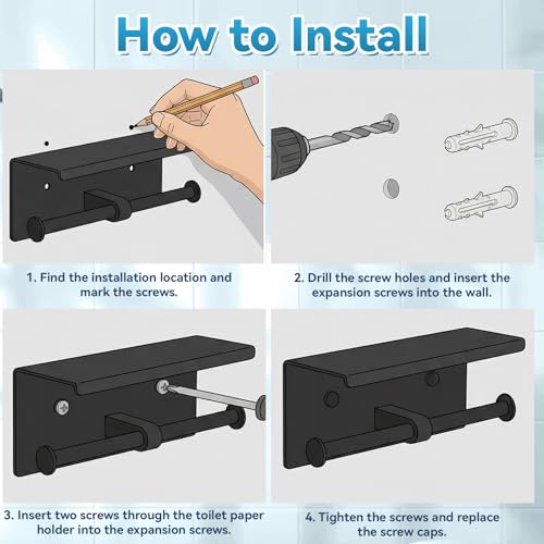 Double Bathroom Toilet Paper Roll Holder with Shelf Wall Mount Tissue Roll Holder Stainless Steel Wall Mounted RV Tissue Rolls Holders Toilet Paper Holders with Shelf, Matte Black