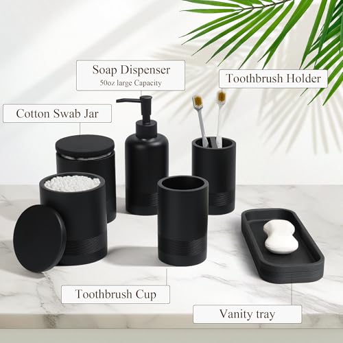 LIN CHUAN 6-Piece Bathroom Accessories Set, Modern Bathroom, Black | Includes soap dispenser, toothbrush holder, vanity tray, tumbler, and 2 cotton swab jars for bathroom organization set. - color: Black
