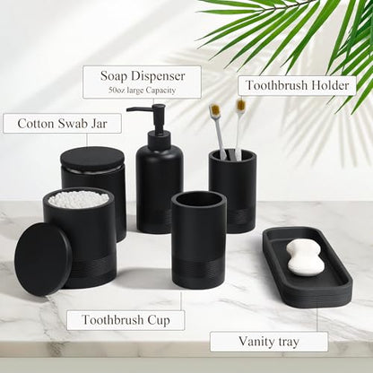 LIN CHUAN 6-Piece Bathroom Accessories Set, Modern Bathroom, Black | Includes soap dispenser, toothbrush holder, vanity tray, tumbler, and 2 cotton swab jars for bathroom organization set. - color: Black