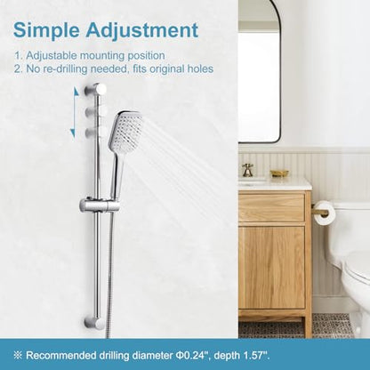 OFFO Shower Slide Bar Combo, Adjustable 27 in Slide Bar with 3-Mode Square Handheld Shower Head and 60 in Stainless Steel Hose, Screw Wall Mounted, Chrome Finish - style: Square 27" Slide Bar & 60" Hose