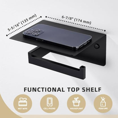 Angle Simple Toilet Paper Holder with Shelf Matte Black, Tissue Roll Holder | SUS304 Stainless Steel Bathroom Toilet Roll Hanger, Fit Most Rolls, Top Shelf for Placing Phones Wet Wipes, Screw Wall Mount - color: Matte Black, size: Single Rod