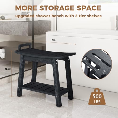 FLyjoe 24 INCH Extra Large Shower Bench for Inside Shower Shaving Legs, Waterproof HDPE Shower Chair Seat with Storage Shelf and Handles Spa Shower Stool for Bath Tub Bathroom Use, Black - color: Large-black