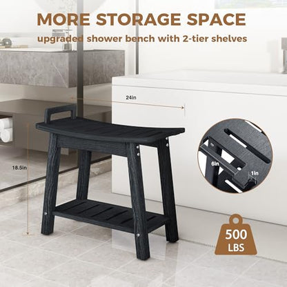 FLyjoe 24 INCH Extra Large Shower Bench for Inside Shower Shaving Legs, Waterproof HDPE Shower Chair Seat with Storage Shelf and Handles Spa Shower Stool for Bath Tub Bathroom Use, Black - color: Large-black