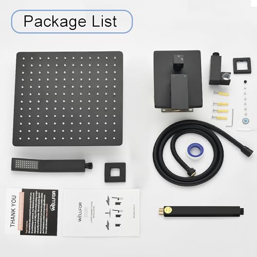 WELLFOR 12-In Ceiling Mount Shower System with Single Handle, Pressure-balanced Valve Included, Waterfall Dual Head Shower Head System, Rain Shower System, Shower Faucet Trim Kits, Matte Black - color: Matte Black, style: Ceiling Mount 12-Inch