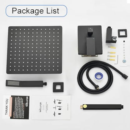WELLFOR 12-In Ceiling Mount Shower System with Single Handle, Pressure-balanced Valve Included, Waterfall Dual Head Shower Head System, Rain Shower System, Shower Faucet Trim Kits, Matte Black - color: Matte Black, style: Ceiling Mount 12-Inch