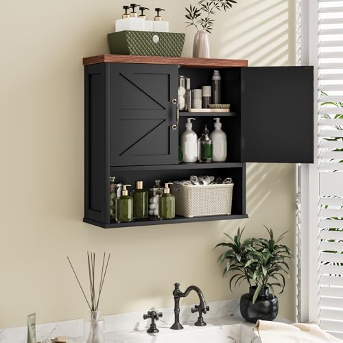 Smuxee Farmhouse Bathroom Cabinet Wall Mounted, Black Medicine Cabinet with Adjustable Shelf, Bathroom Cabinet for Living Room, Laundry Room - color: Black, size: Big