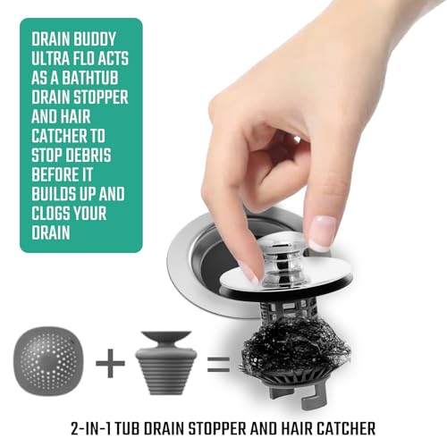 Drain Buddy Ultra Flo No Installation 2 in 1 Clog Preventing Tub Drain Stopper and Hair Catcher for 1 3/8" to 1.5" Bathtubs and Utility Sinks Chrome Metal Cap - color: Chrome