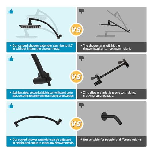 Rain Shower Head with 12" Metal Extension Arm, 10" High-Pressure Showerhead | Matte Black, Boosting Rainfall/Fixed Showerhead, Shower Head Extender Adjustable Height/Angle, 1-Min Easy to Install - color: Matte Black, size: 12 Inch