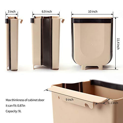 Hanging Collapsible Trash Can - 9L Wall Mounted Foldable Waste Bin for Kitchen Cabinet Door - Quickly Clean Counter, Sink, Bathroom - RV, Car, Camping Folding Garbage Basket (Brown)
