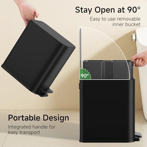 TIPGO Small Bathroom Trash Can with Lid Soft Close, Step Pedal, 1.3 Gallon / 5 Liter Stainless Steel Slim Garbage Can for Office, Diaper Waste Basket with Removable Inner Bucket (Matte Black) - color: Black