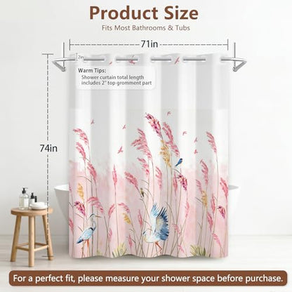 Hook Free Shower Curtain with Liner, Hotel Style Double-Layer Waterproof Pink Shower Curtain with Breathable Vent Window and Weighted Hem, Farmhouse Pastel Reed Bath Curtain, 71x74 Inches - color: Heron in Reed