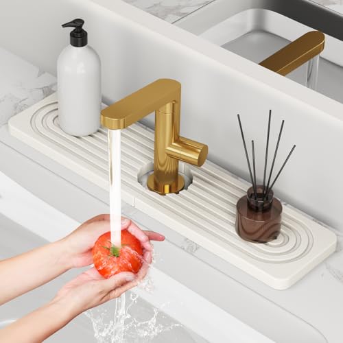 Snoquir Stone Faucet Mat for Kitchen Sink [Super Absorbent, 30s Quick Drying] Water Absorbing Stone Tray for Sink Stone Mat for Kitchen Sink Stone Quick Dry Around Faucet Diatomite Stone Sink Tray - color: White, size: 15.8" x 4"