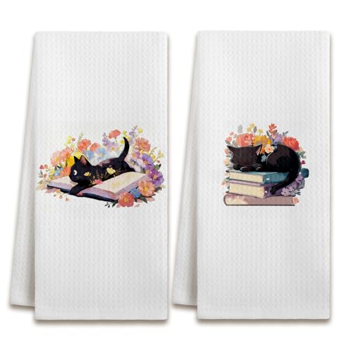 Floral Bookish Black Cat Kitchen Dish Towels, Gifts for Books Lovers Reader, Black Cat Gifts for Women Decorative Hand Tea Towels for Bathroom Kitchen, 16x24 Inches Set of 2 - color: Color-a07