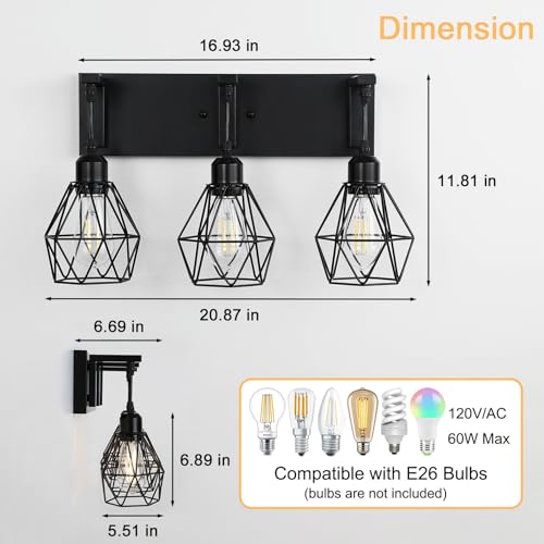 Somniferous Farmhouse Bathroom Light Fixtures, 3 Light Bathroom Vanity Lights Over Mirror, Black Vanity Light with Caged Metal Shade, Rustic Wall Sconce for Bedroom, Living Room, Hallway, E26 Socket - size: 3-Light