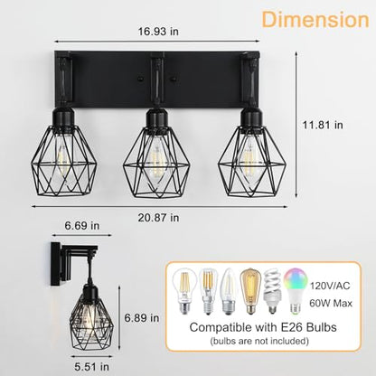 Somniferous Farmhouse Bathroom Light Fixtures, 3 Light Bathroom Vanity Lights Over Mirror, Black Vanity Light with Caged Metal Shade, Rustic Wall Sconce for Bedroom, Living Room, Hallway, E26 Socket - size: 3-Light