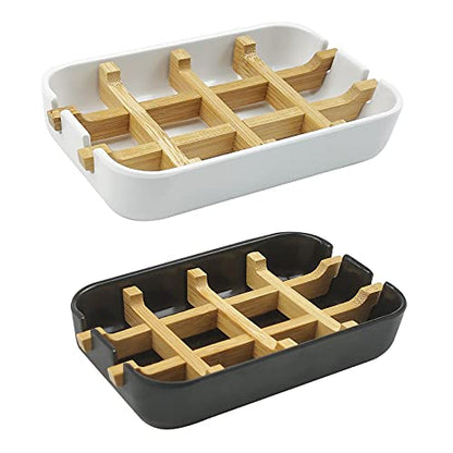 2 Pack Bamboo Soap Dish, Self-Draining Soap Box, Wooden Bamboo Bar Soap Holder for Shower, Bathroom, Kitchen, Bathtub, Bar Sink (White and Black) - color: White and Black