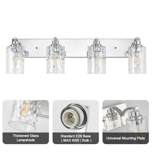 4-Light Bathroom Light Fixtures Modern Chrome Vanity Lights | Easy to Install Clear Hammered Glass Shades, Rippled Glow, Wall Mount Up or Down, E26 Socket, Hardwired, 120V - color: Chrome Hammer, size: 4 Lights