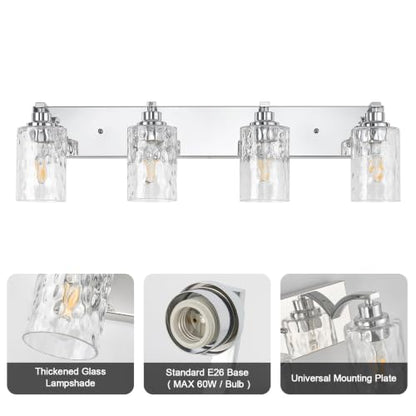 4-Light Bathroom Light Fixtures Modern Chrome Vanity Lights | Easy to Install Clear Hammered Glass Shades, Rippled Glow, Wall Mount Up or Down, E26 Socket, Hardwired, 120V - color: Chrome Hammer, size: 4 Lights