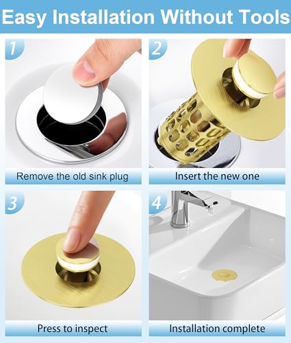 QYHNYJF Upgraded Bathroom Sink Stopper with Hair Catcher - Universal Pop-Up Drain Plug, Stainless Steel & Silicone Seal for 1.1-1.5 Inch Drains, Gold Matte Brushed Finish (Gold Matte Brushed) - color: Gold Matte Brushed