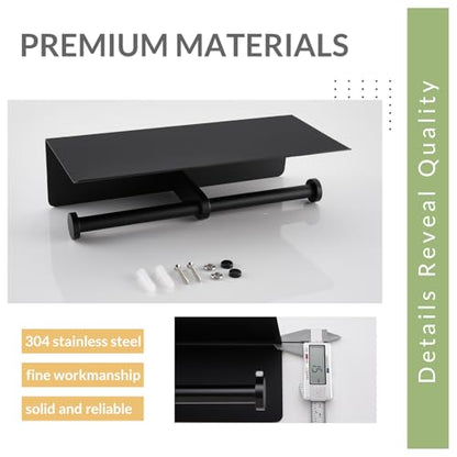 Toilet Paper Holder with Phone Shelf, APLusee SUS 304 Stainless Steel Bathroom Tissue Holder, Double Roll Paper Dispenser Wall Mounted, Matte Black - color: Matte Black, size: Double Rod