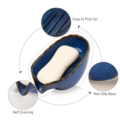 VanEnjoy Dish Washing Soap Holder Blue Ceramic Dish for Soap, Self Draining Soap Holder, Bar Soap Holder Leaf Shape for Bathroom, Kitchen
