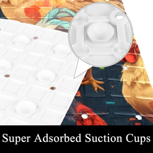 Bath Tub Mat Non Slip 15.1 x 26.8 Inch, Seamless Chickens and Roosters Pattern Eco Friendly Bathmat with Suction Cups Drain Holes Shower Tub Mats - color: Multi 09