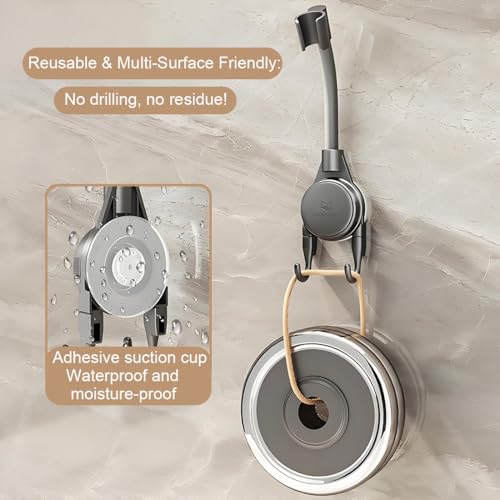Shower Head Holder, 360° Swivel Adjustable Extra Length Arm, Flexible Wall Mount Shower Hose Holder, Removable Hand Held Shower Bracket with No Drill Suction Cup & Bonus Hook for Bathroom, Kitchen