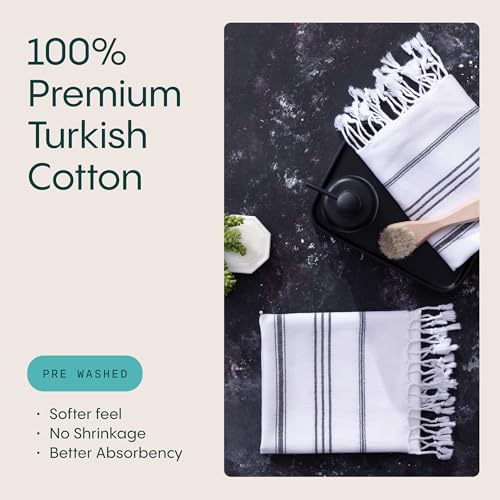 WETCAT Turkish Hand Towels with Hanging Loop, Set of 2 (20" x 30") 100% Turkish Cotton, Pre-Washed, Quick Drying, for Kitchen or Bathroom - Black & White - color: Black & White