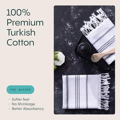 WETCAT Turkish Hand Towels with Hanging Loop, Set of 2 (20" x 30") 100% Turkish Cotton, Pre-Washed, Quick Drying, for Kitchen or Bathroom - Black & White - color: Black & White