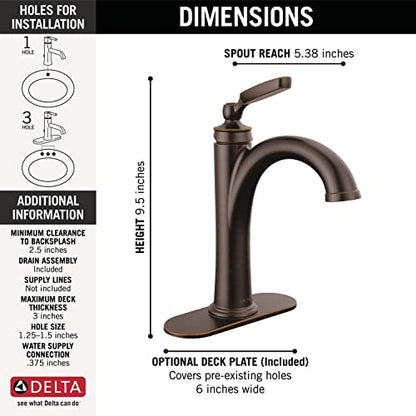 Delta Woodhurst Oil Rubbed Bronze Bathroom Faucet 1 Hole, Single Hole Bathroom Sink Faucet for Vanity, Metal Push-Pop Drain Assembly, Venetian Bronze 532-RBMPU-DST - color: Venetian Bronze